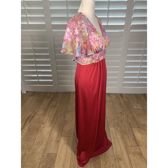 Vtg 70s Roberta California Red Pink Chiffon Floral Maxi Dress S 5 Boho Hippie - Picture 2 of 12